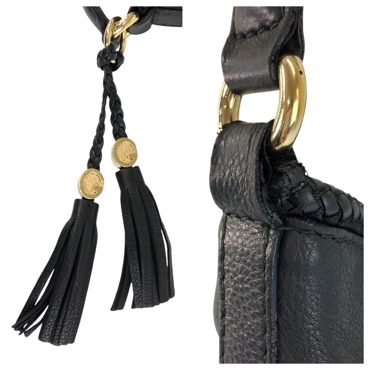 18152
GUCCI グッチ タッセル 編みこみ ブラック 黒 ゴールド金具 レザー 257026 ホーボー ショルダーバッグ  レディース