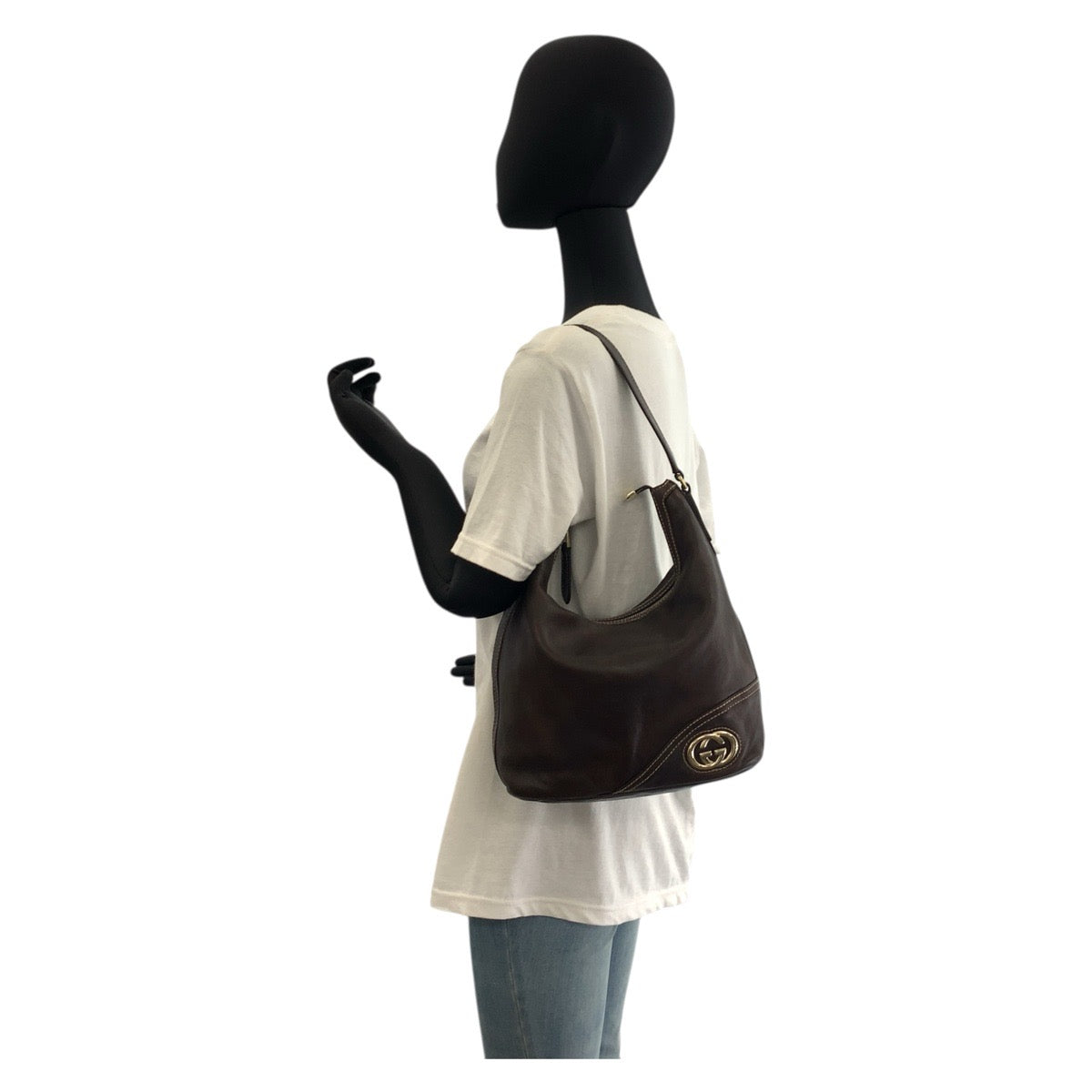 18158
GUCCI グッチ インターロッキング ブラウン ゴールド金具 レザー 182491 ショルダーバッグ  レディース ABP35