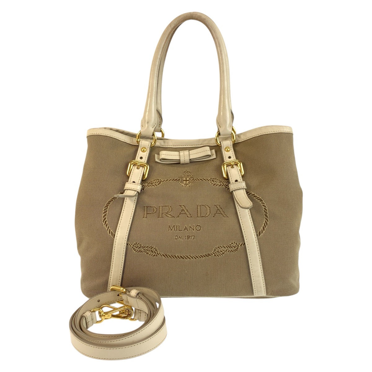 18159
PRADA プラダ ロゴジャガード ベージュ ゴールド金具 キャンバス / レザー トートバッグ ショルダーバッグ 2way レディース AB43