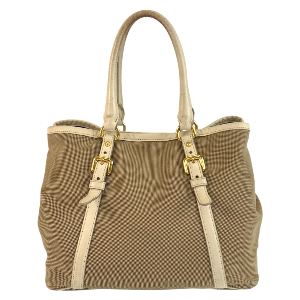 18159
PRADA プラダ ロゴジャガード ベージュ ゴールド金具 キャンバス / レザー トートバッグ ショルダーバッグ 2way レディース AB43