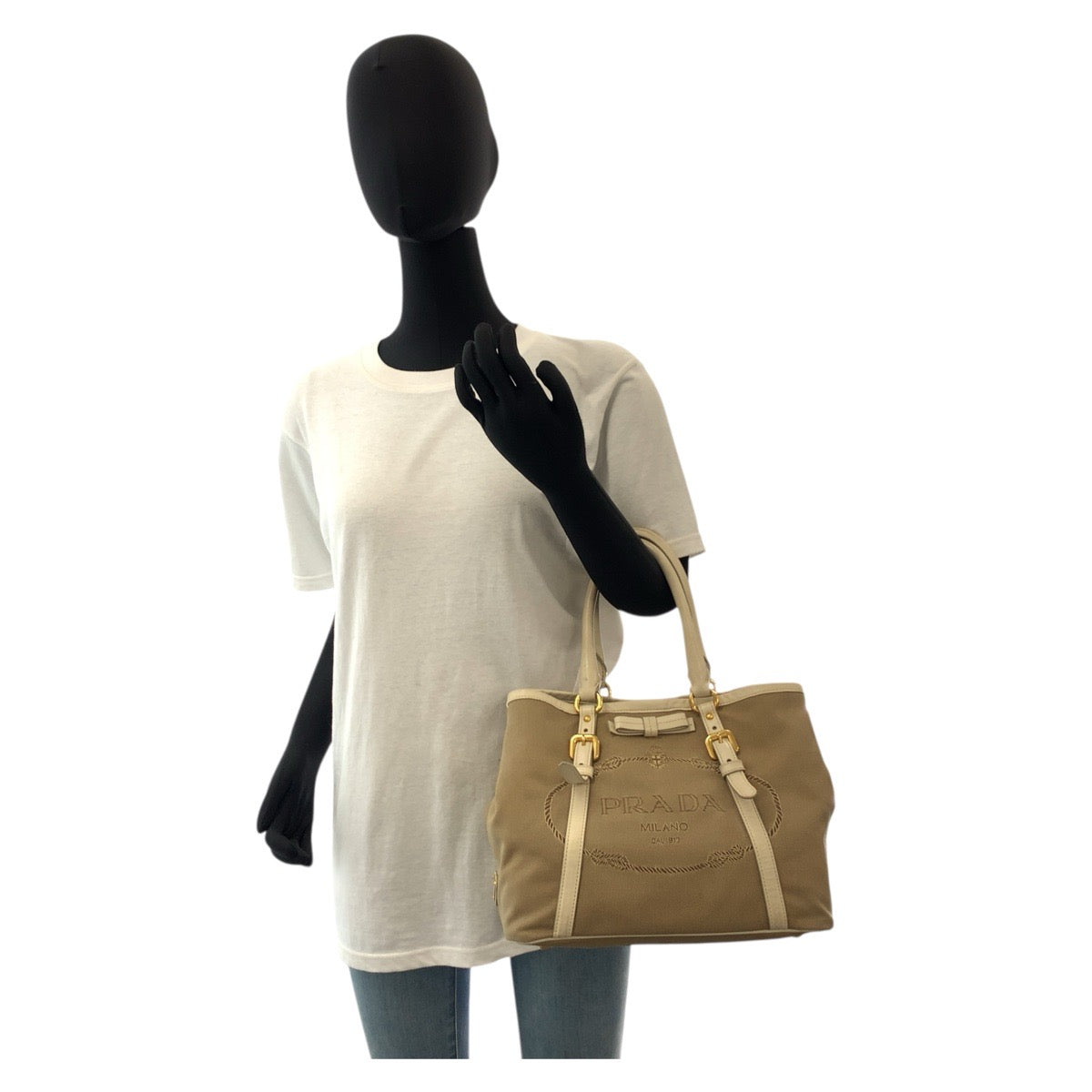 18159
PRADA プラダ ロゴジャガード ベージュ ゴールド金具 キャンバス / レザー トートバッグ ショルダーバッグ 2way レディース AB43