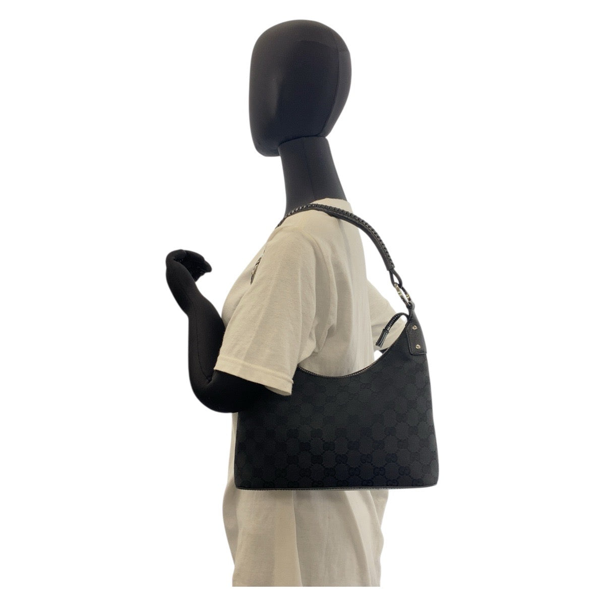 18164
GUCCI グッチ ブラック 黒 シルバー金具 GGキャンバス / レザー 115002 ホーボー ショルダーバッグ ハンドバッグ  レディース A46