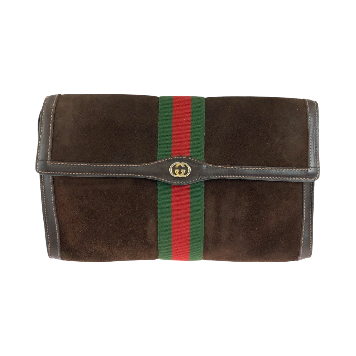 18174
GUCCI グッチ ヴィンテージ GUCCI PARFUMS オールドグッチ シェリーライン ブラウン レッド グリーン ゴールド金具 スウェード / レザー クラッチバッグ セカンドバッグ  レディース AB24