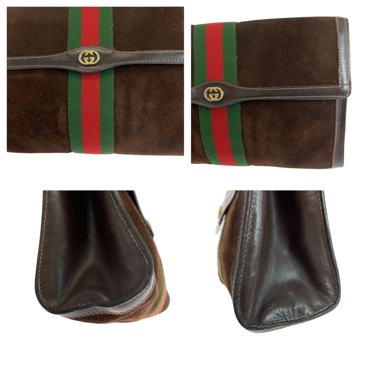 18174
GUCCI グッチ ヴィンテージ GUCCI PARFUMS オールドグッチ シェリーライン ブラウン レッド グリーン ゴールド金具 スウェード / レザー クラッチバッグ セカンドバッグ  レディース AB24