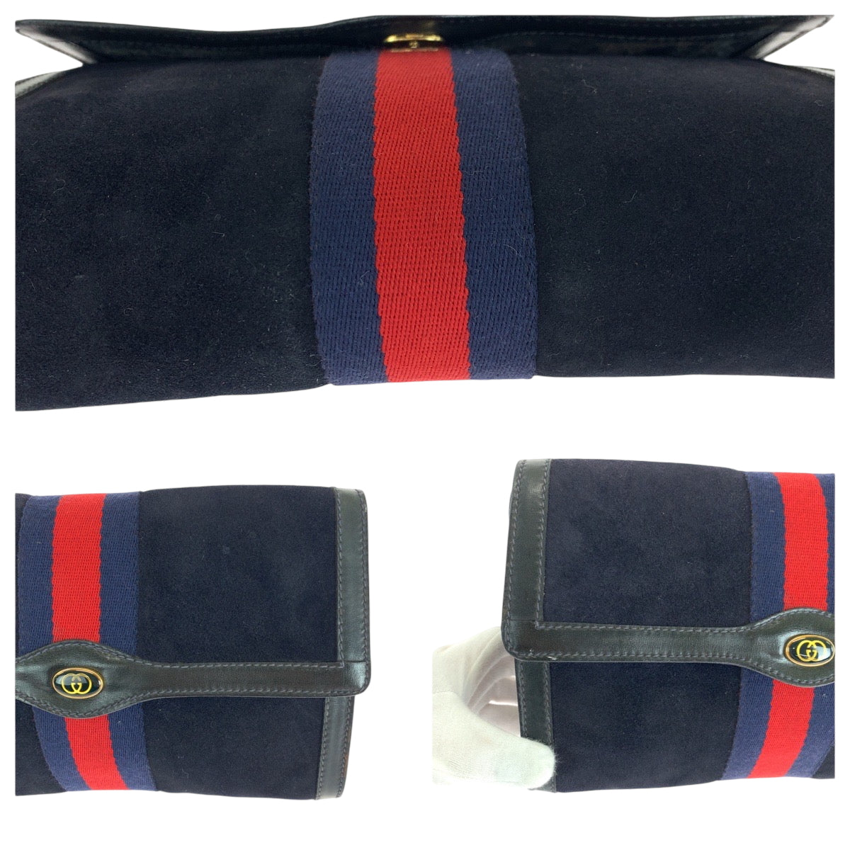18178
GUCCI グッチ ヴィンテージ オールドグッチ ネイビー レッド ゴールド金具 スウェード 67 014 3088 クラッチバッグ セカンドバッグ  レディース AB