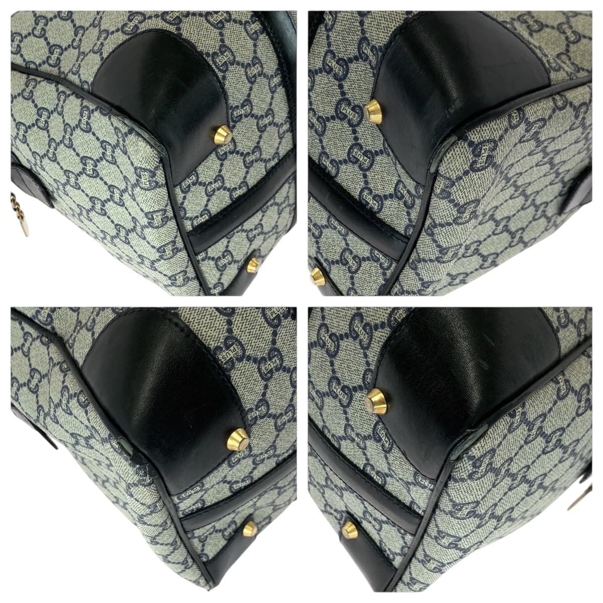 18184
GUCCI グッチ GGプラス 男女兼用 ネイビー グレー ゴールド金具 PVC ハンドバッグ ミニボストンバッグ  レディース AB19