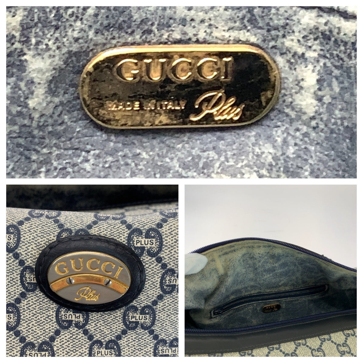 18184
GUCCI グッチ GGプラス 男女兼用 ネイビー グレー ゴールド金具 PVC ハンドバッグ ミニボストンバッグ  レディース AB19