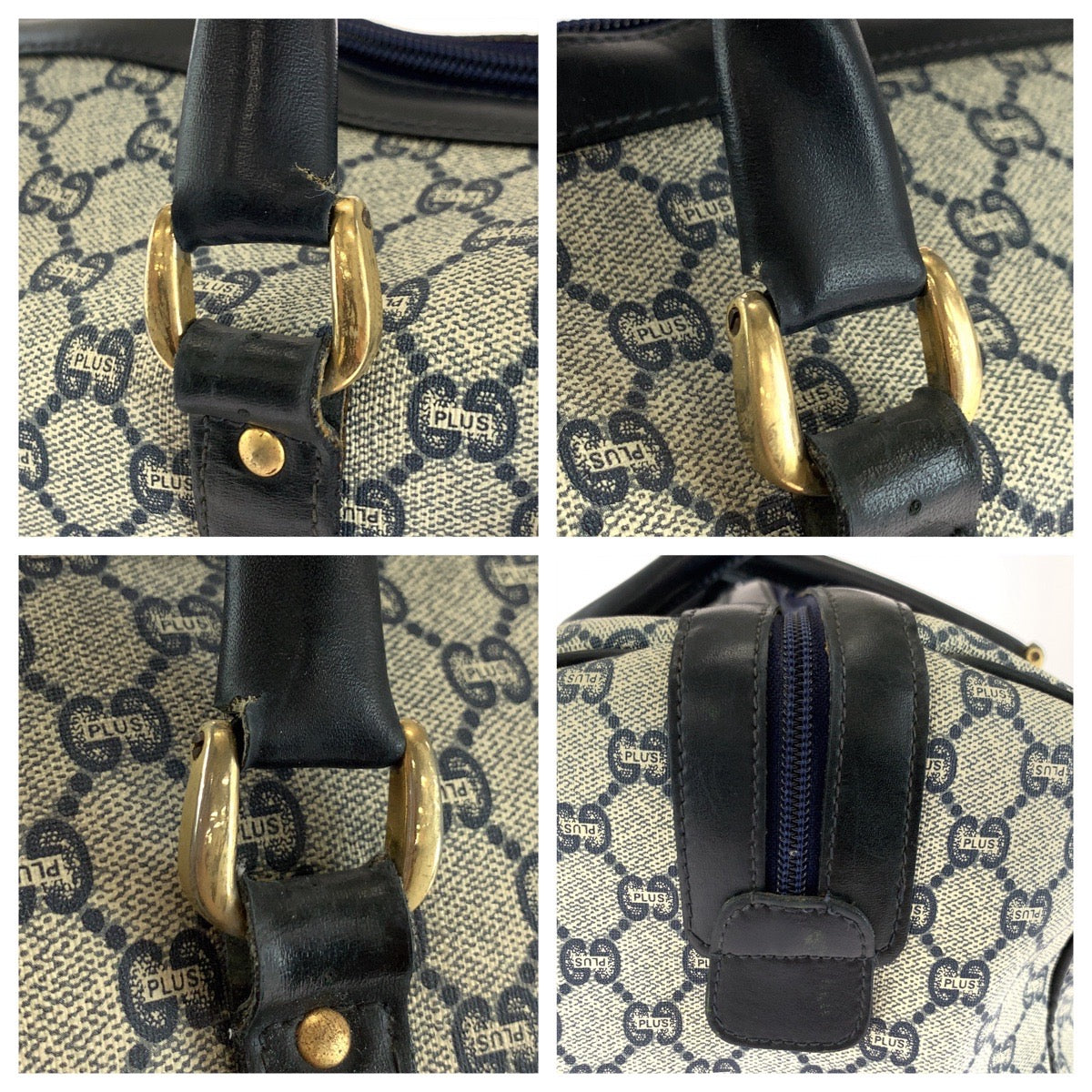 18184
GUCCI グッチ GGプラス 男女兼用 ネイビー グレー ゴールド金具 PVC ハンドバッグ ミニボストンバッグ  レディース AB19