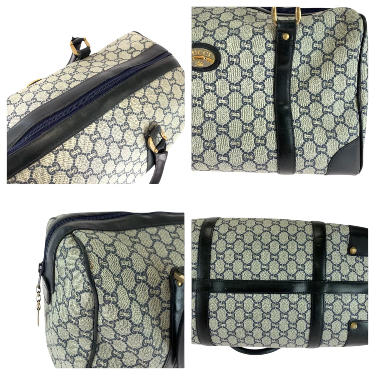 18184
GUCCI グッチ GGプラス 男女兼用 ネイビー グレー ゴールド金具 PVC ハンドバッグ ミニボストンバッグ  レディース AB19