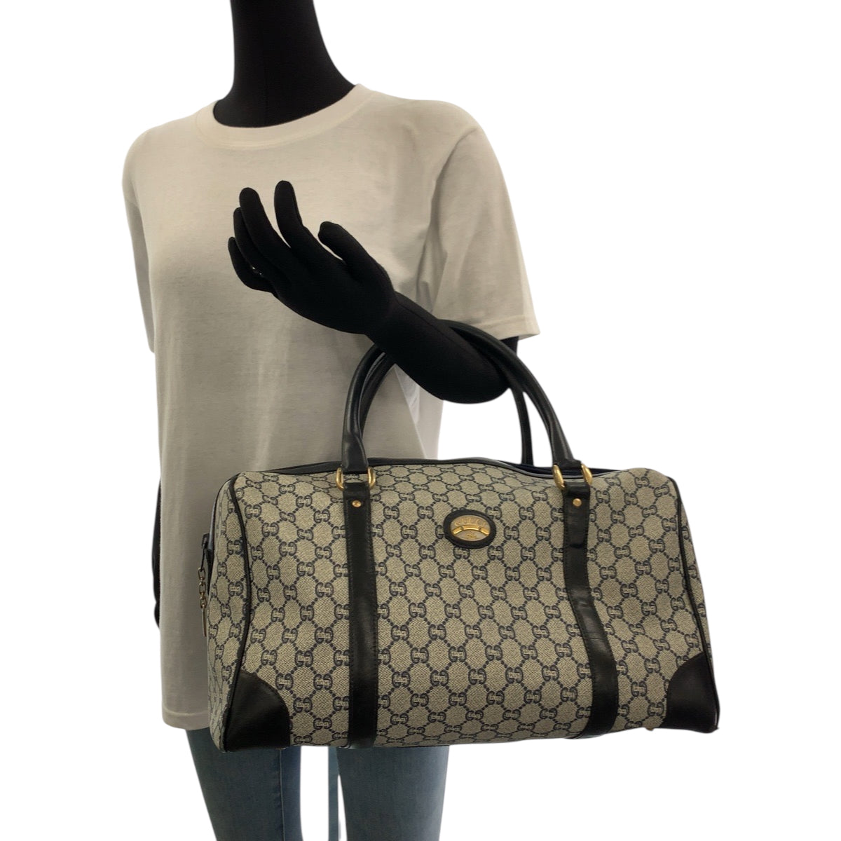 18184
GUCCI グッチ GGプラス 男女兼用 ネイビー グレー ゴールド金具 PVC ハンドバッグ ミニボストンバッグ  レディース AB19