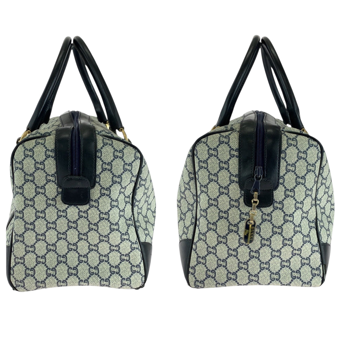 18184
GUCCI グッチ GGプラス 男女兼用 ネイビー グレー ゴールド金具 PVC ハンドバッグ ミニボストンバッグ  レディース AB19