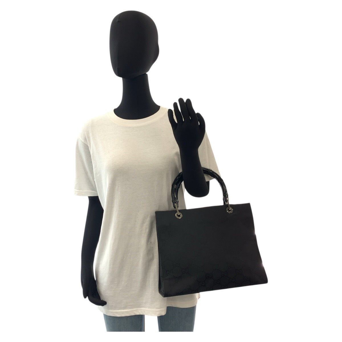 18185
GUCCI グッチ バンブー ブラック 黒 シルバー金具 GGキャンバス 002 1016 ハンドバッグ トートバッグ レディース ABP38