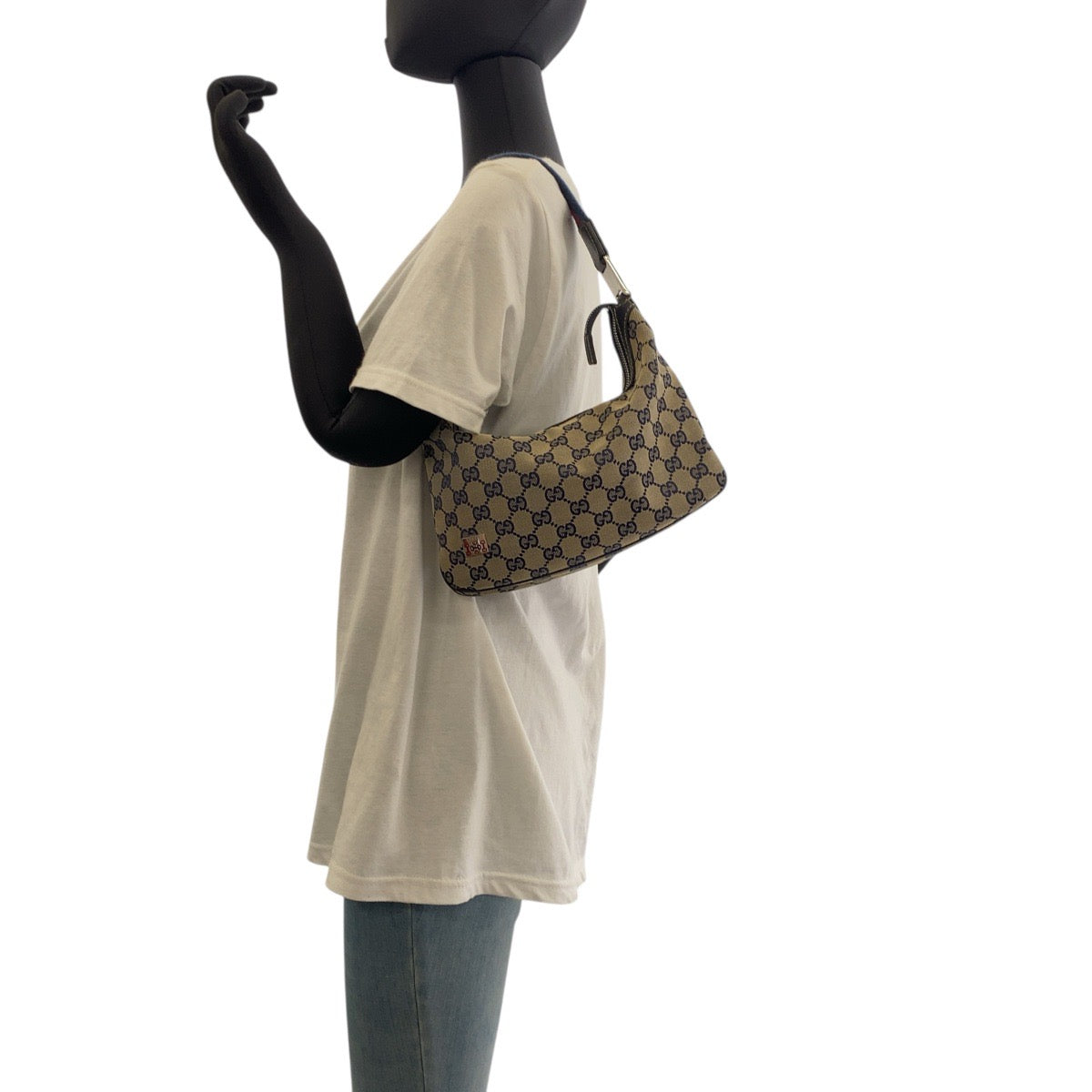 18189
GUCCI グッチ シェリーライン グレー ネイビー シルバー金具 GGキャンバス 145812 ショルダーバッグ  レディース AB27