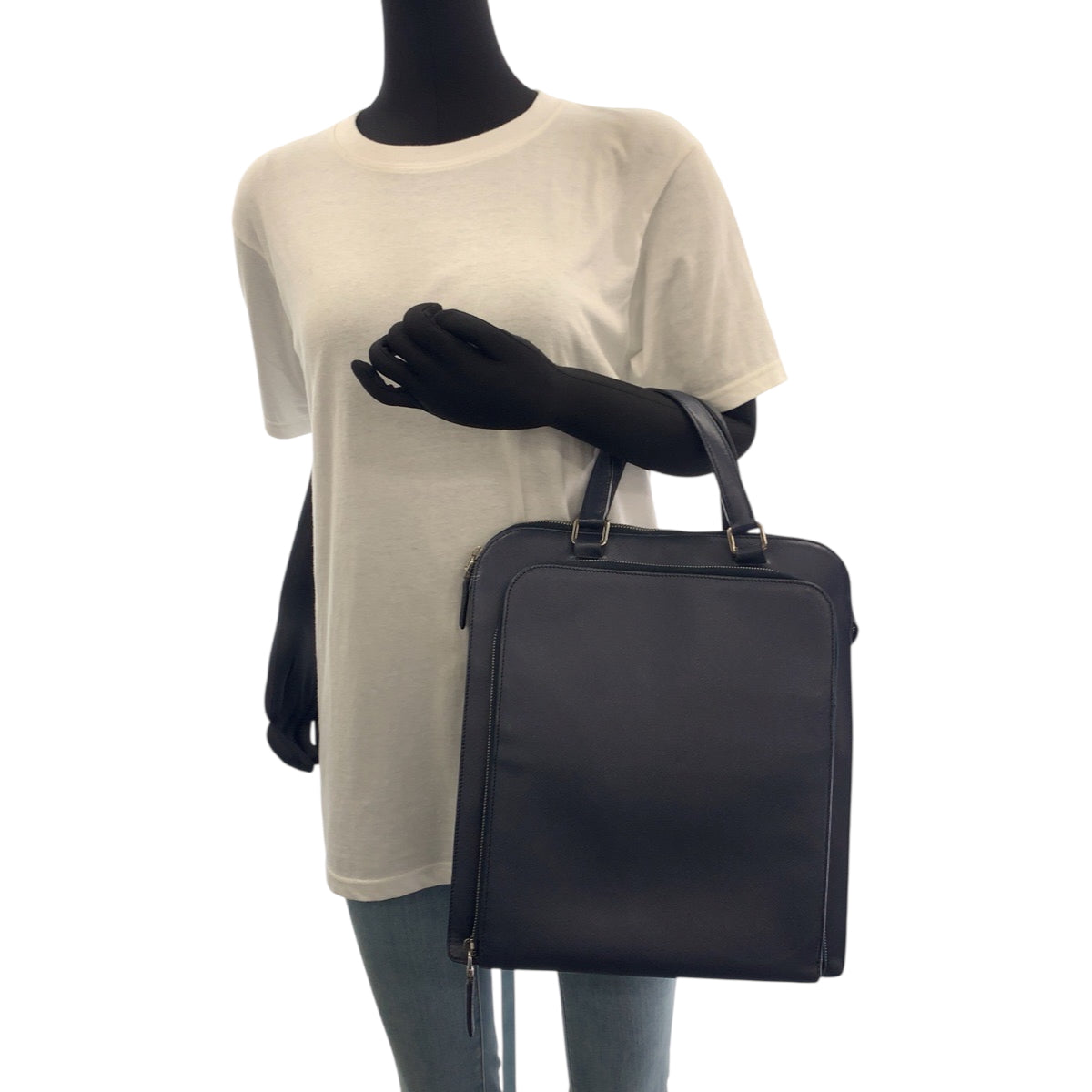 18315
PRADA プラダ サフィアーノ 三角ロゴプレート ネイビー シルバー金具 レザー VR0081 ビジネスバッグ トートバッグ  レディース ABP70