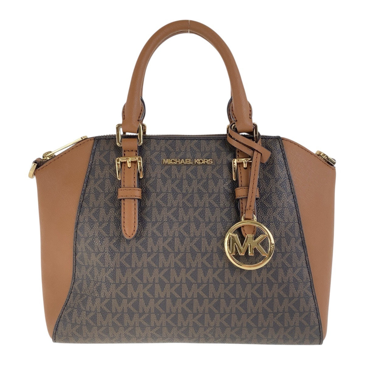 18331
Michael Kors マイケルコース MKシグネチャー シアラ ブラウン ゴールド金具 PVC / レザー ハンドバッグ  レディース ABP16