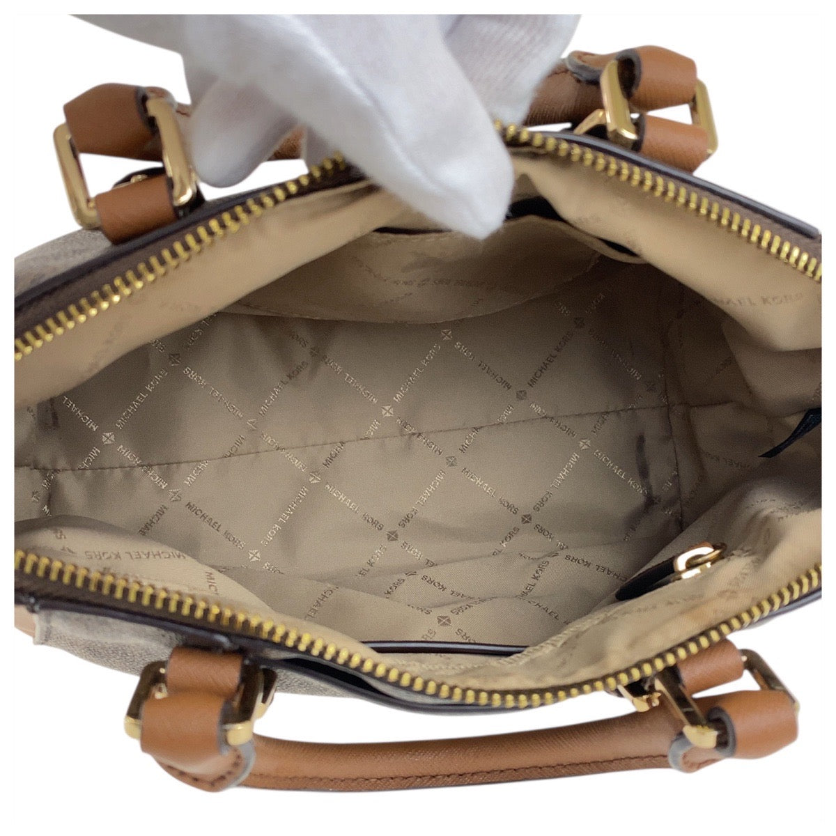 18331
Michael Kors マイケルコース MKシグネチャー シアラ ブラウン ゴールド金具 PVC / レザー ハンドバッグ  レディース ABP16