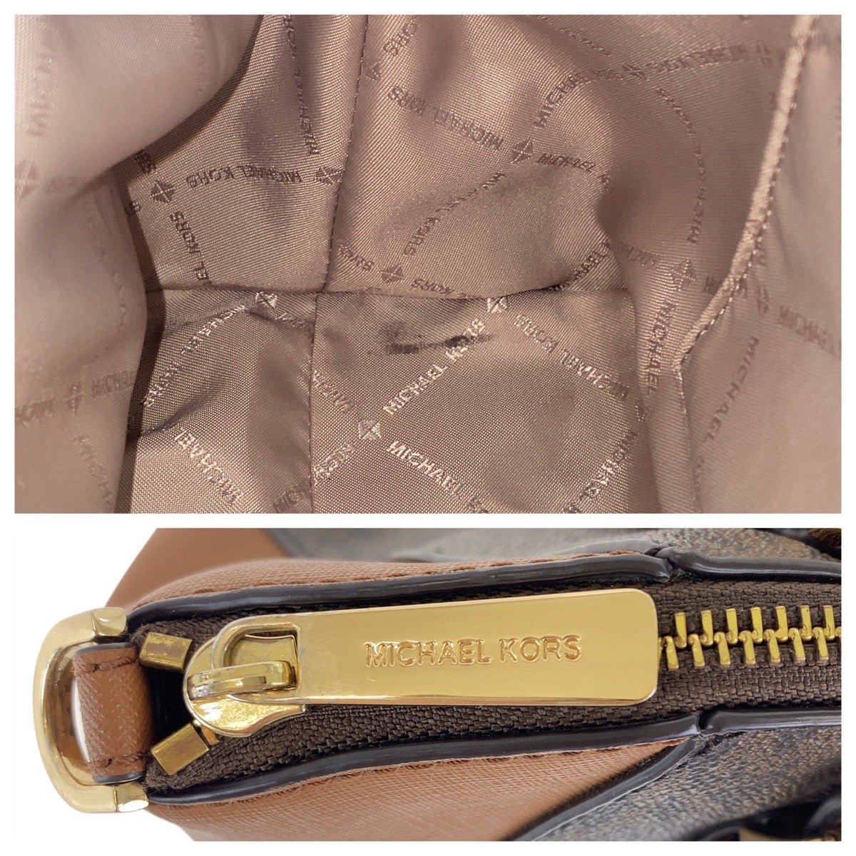 18331
Michael Kors マイケルコース MKシグネチャー シアラ ブラウン ゴールド金具 PVC / レザー ハンドバッグ  レディース ABP16