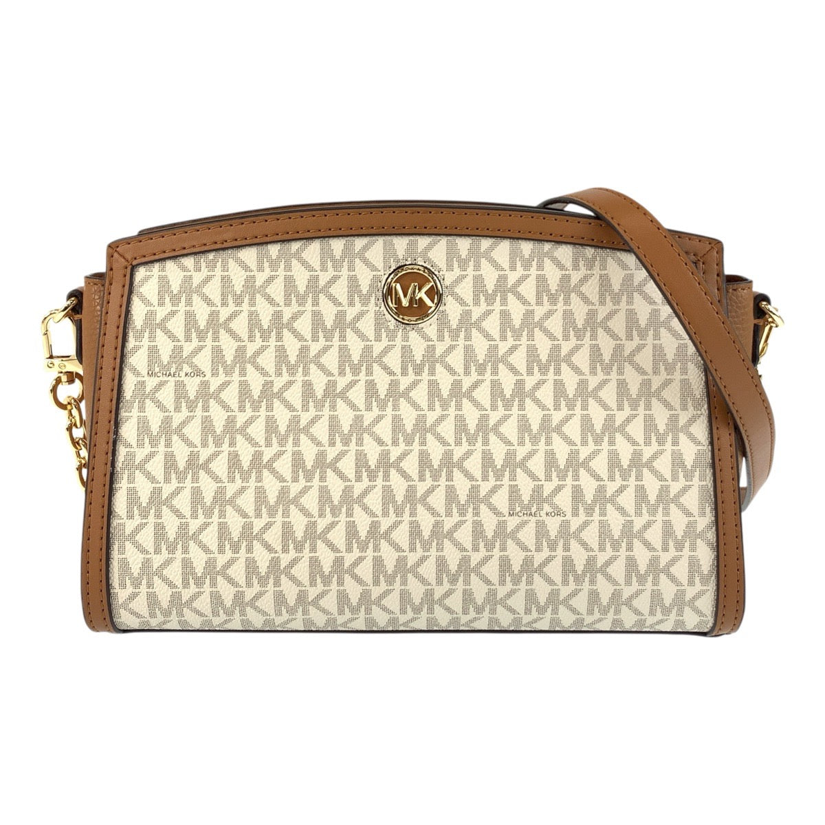 18332
Michael Kors マイケルコース MKシグネチャー ホワイト ブラウン ゴールド金具 PVC / レザー 00278 ショルダーバッグ ポシェット  レディース A20