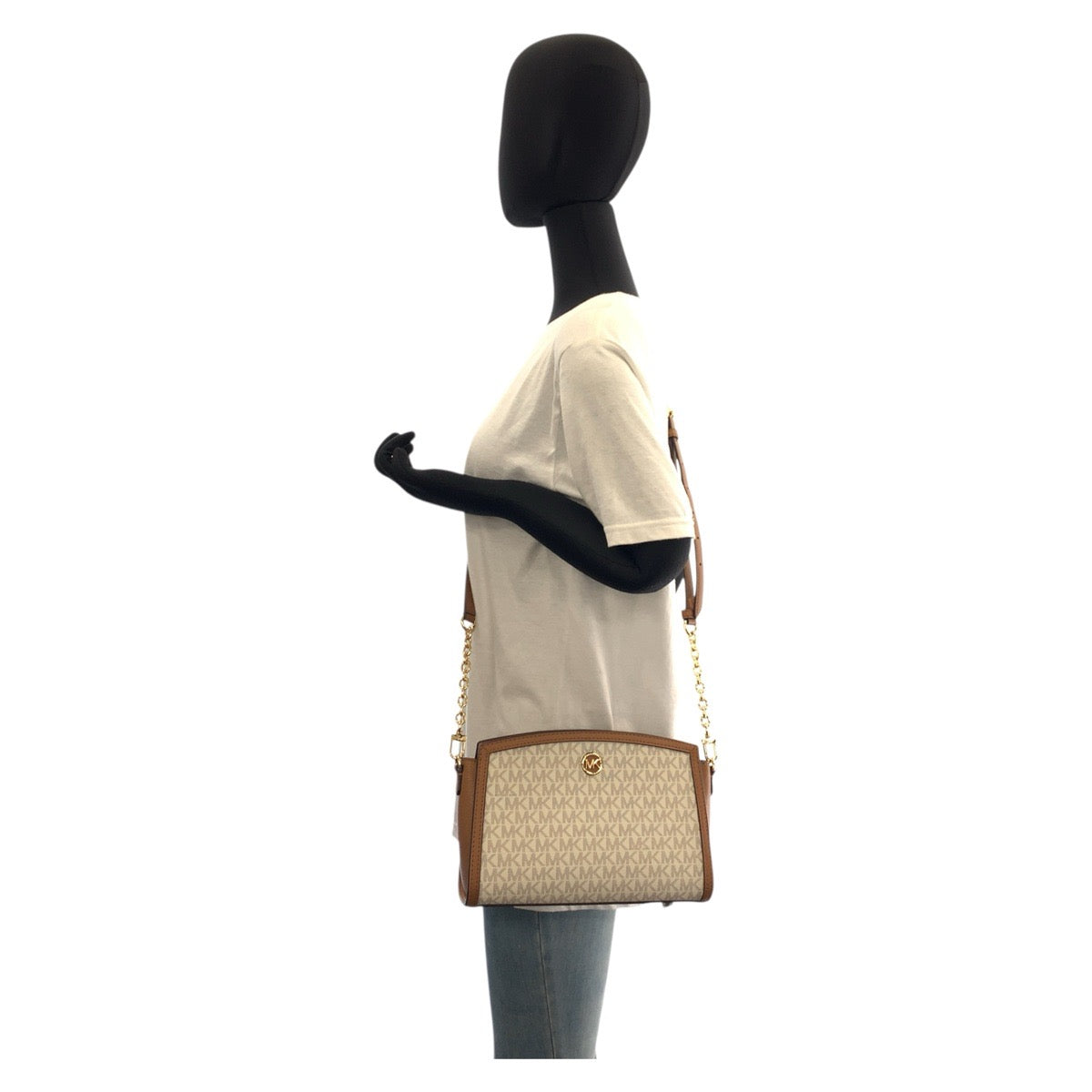 18332
Michael Kors マイケルコース MKシグネチャー ホワイト ブラウン ゴールド金具 PVC / レザー 00278 ショルダーバッグ ポシェット  レディース A20