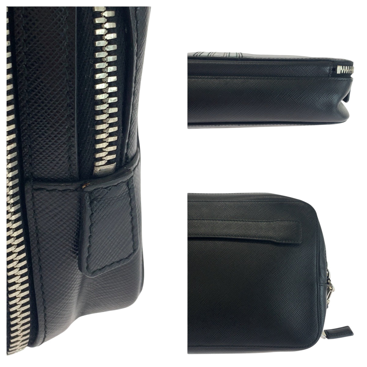 18334
PRADA プラダ サフィアーノレザー ロゴ ブラック 黒 シルバー金具 レザー クラッチバッグ セカンドバッグ  メンズ ABP41