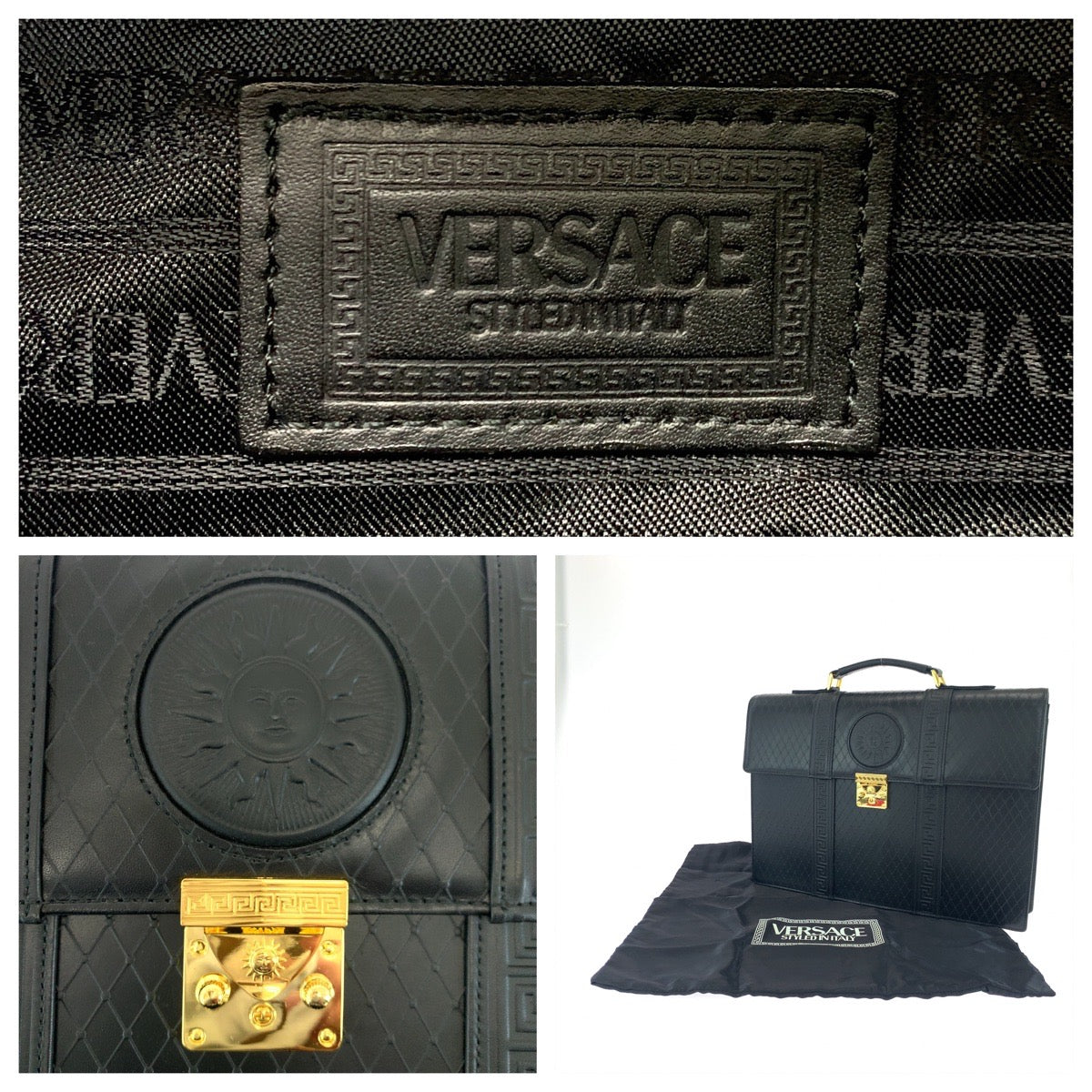 18335
Gianni Versace ジャンニ ヴェルサーチ ヴィンテージ サンバースト ブラック 黒 ゴールド金具 レザー ビジネスバッグ ブリーフケース ハンドバッグ  メンズ A77