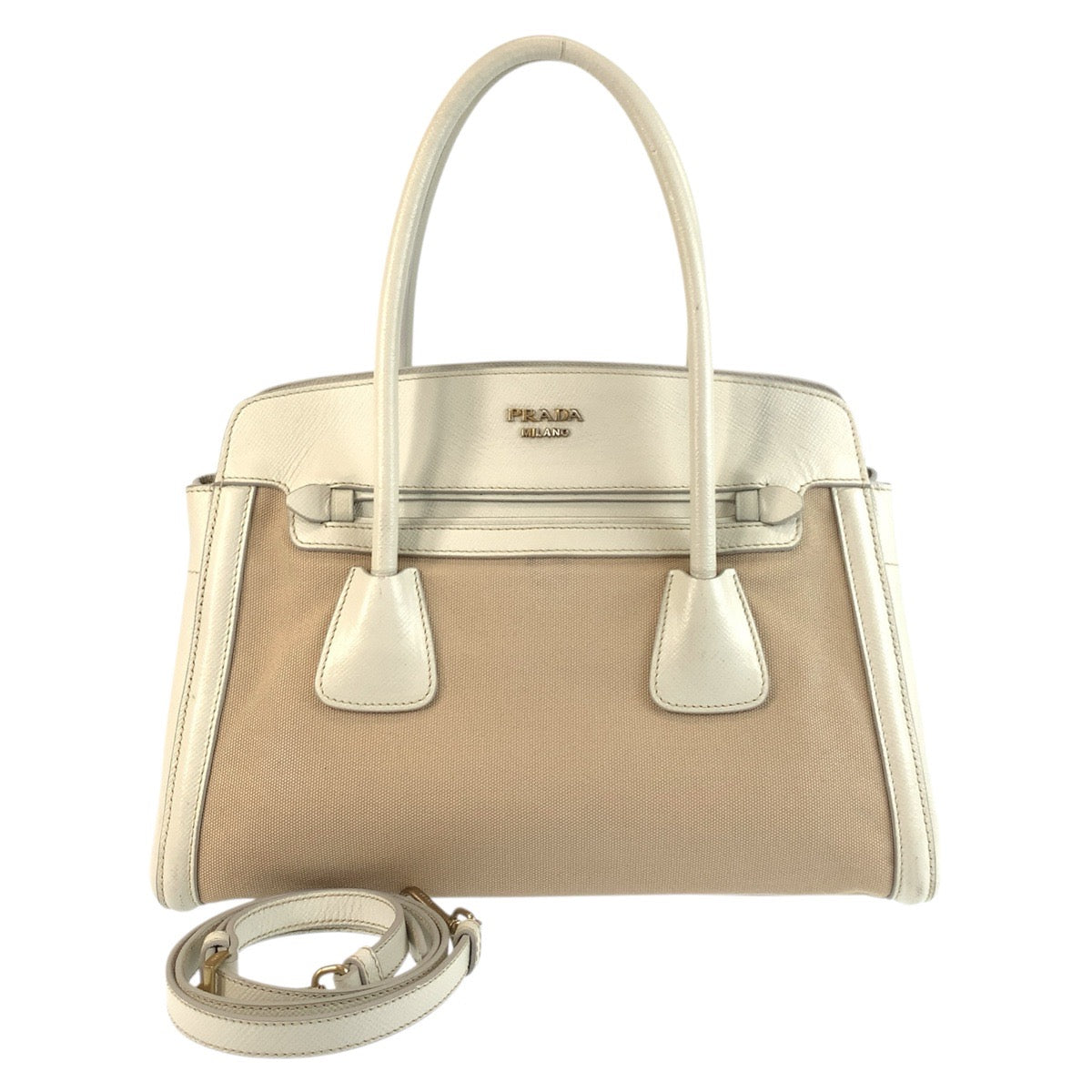 18337
PRADA プラダ ベージュ ホワイト ゴールド金具 キャンバス / レザー ハンドバッグ トートバッグ ショルダーバッグ 2way  レディース