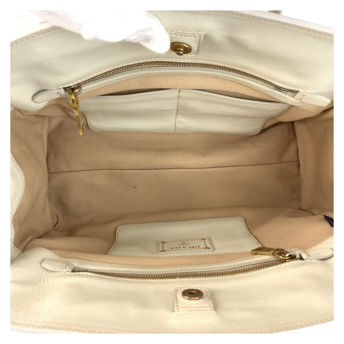 18337
PRADA プラダ ベージュ ホワイト ゴールド金具 キャンバス / レザー ハンドバッグ トートバッグ ショルダーバッグ 2way  レディース