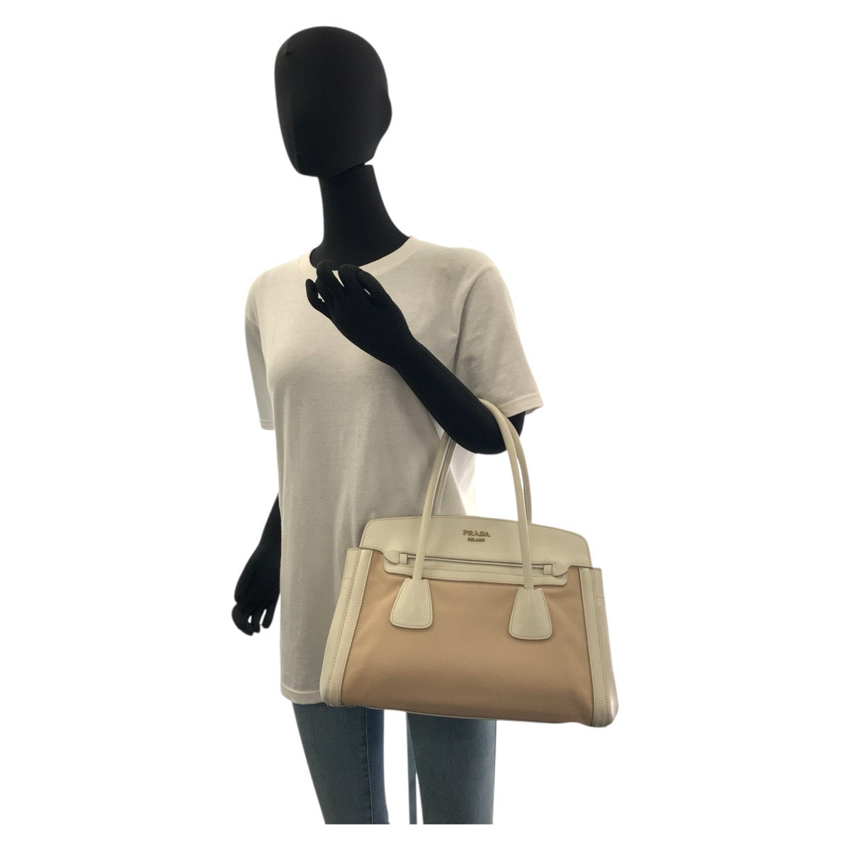 18337
PRADA プラダ ベージュ ホワイト ゴールド金具 キャンバス / レザー ハンドバッグ トートバッグ ショルダーバッグ 2way  レディース