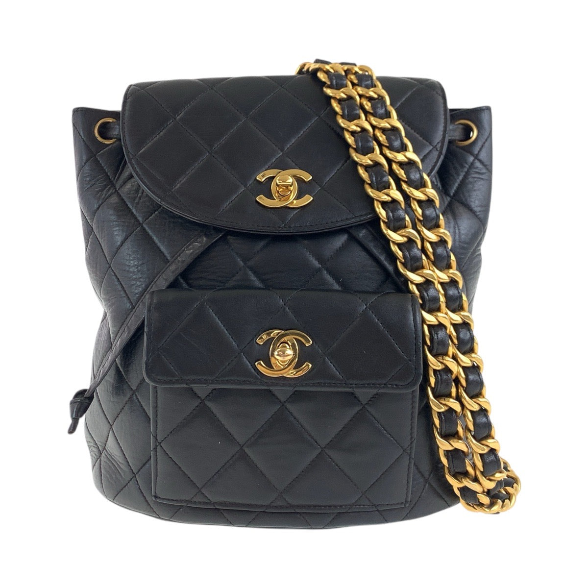 18353
CHANEL シャネル ヴィンテージ マトラッセ ダブルココマーク ターンロック チェーンショルダー ブラック 黒 ゴールド金具 ラムスキン リュック・デイパック バックパック  レディース ABP350