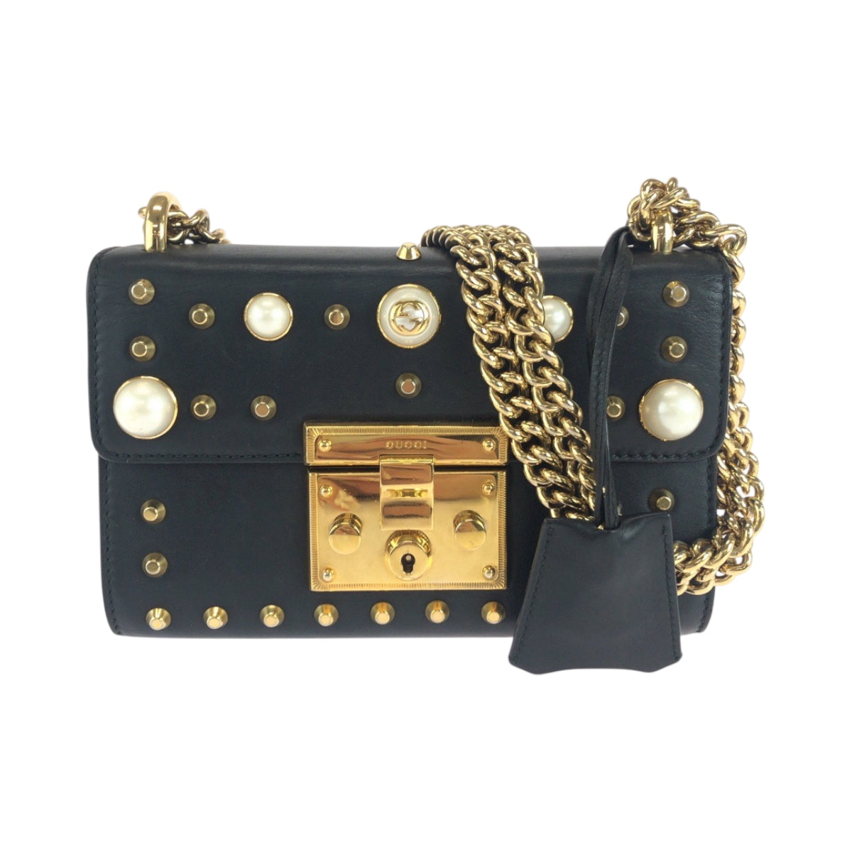 18357
GUCCI グッチ スタッズ パール ブラック 黒 ゴールド金具 レザー 432182 チェーンショルダーバッグ ポシェット  レディース ABP100