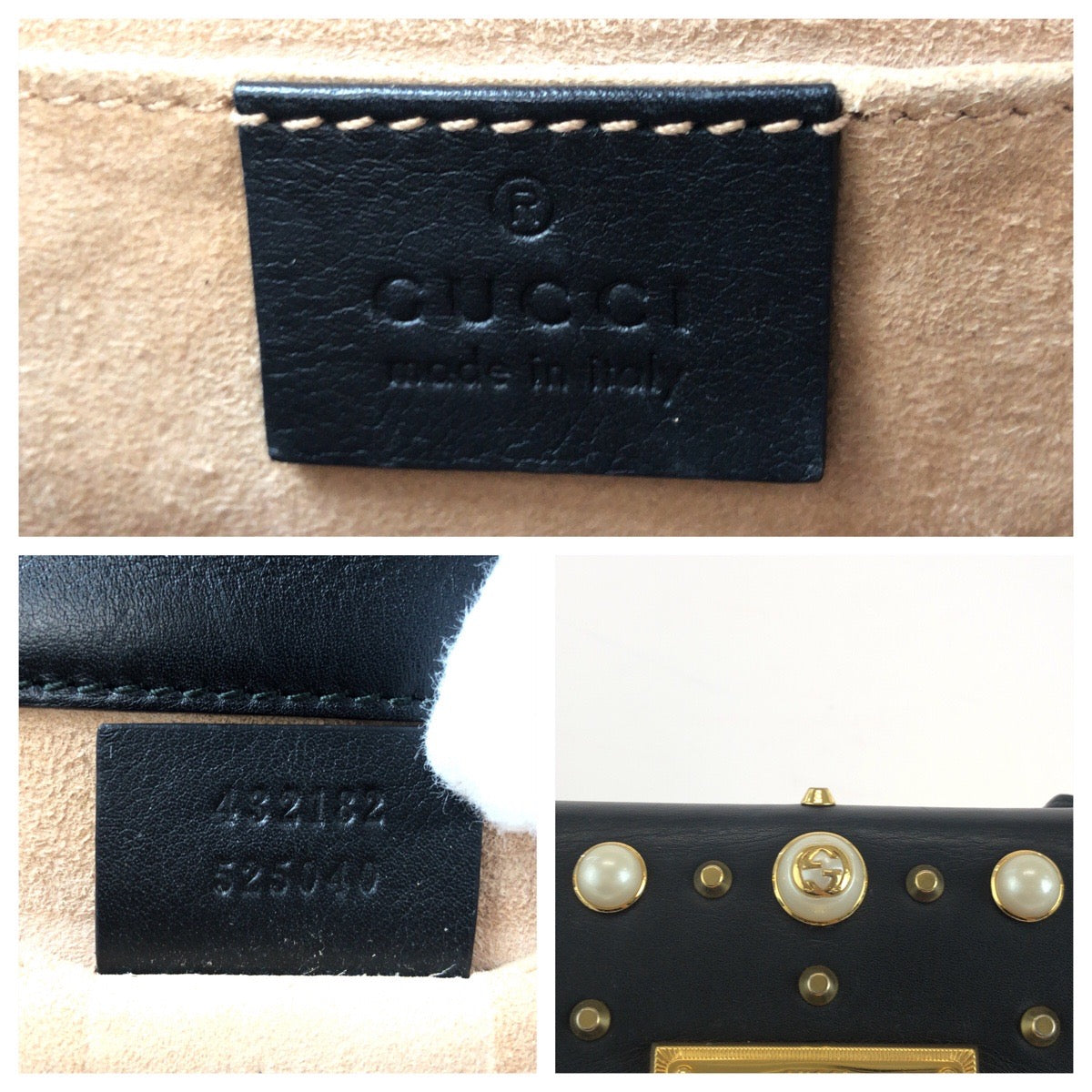 18357
GUCCI グッチ スタッズ パール ブラック 黒 ゴールド金具 レザー 432182 チェーンショルダーバッグ ポシェット  レディース ABP100