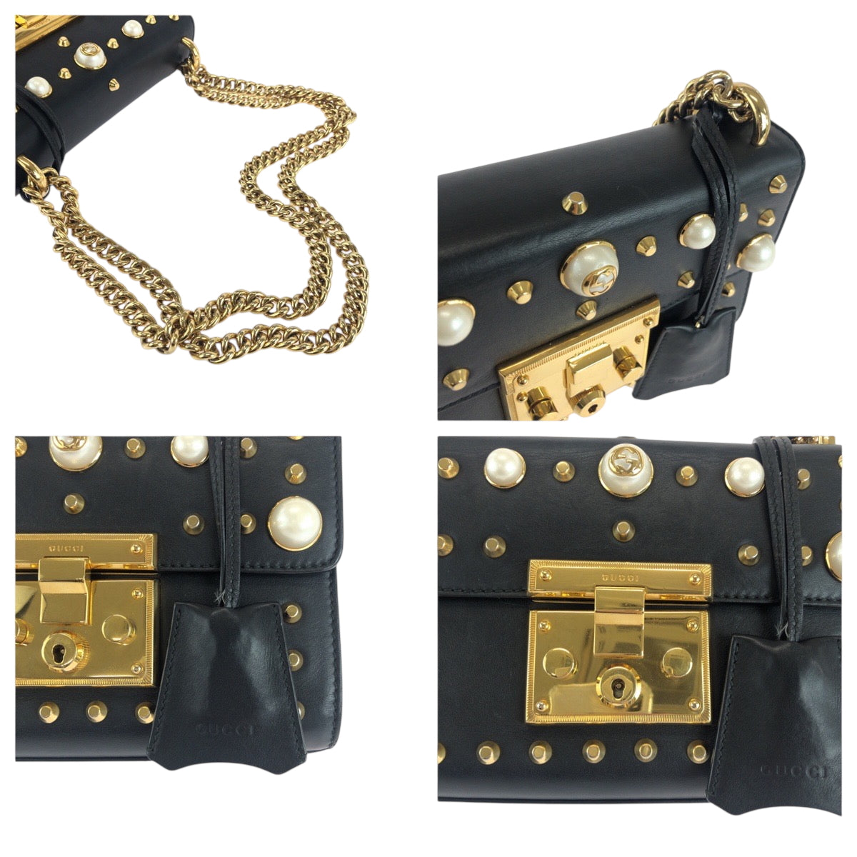 18357
GUCCI グッチ スタッズ パール ブラック 黒 ゴールド金具 レザー 432182 チェーンショルダーバッグ ポシェット  レディース ABP100