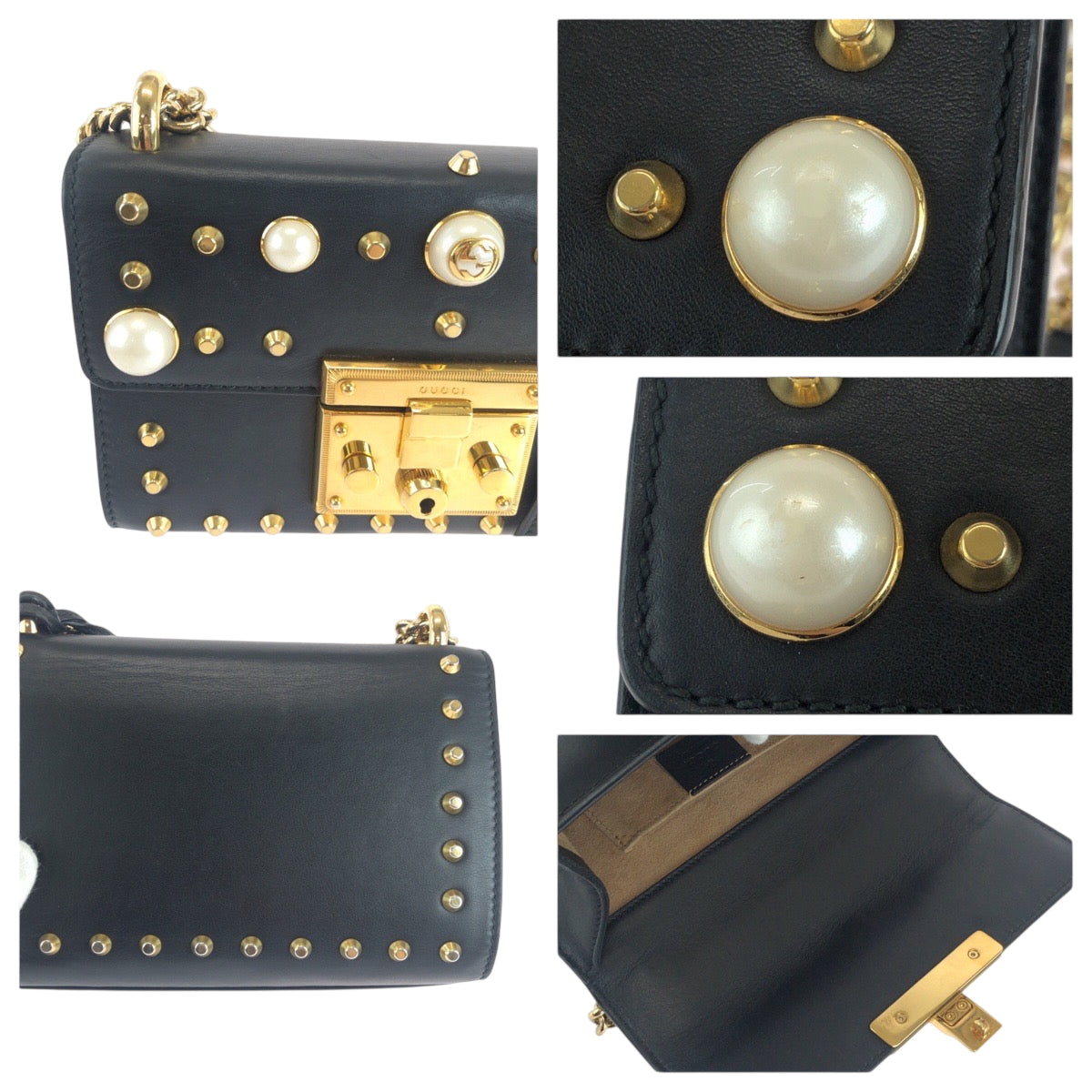 18357
GUCCI グッチ スタッズ パール ブラック 黒 ゴールド金具 レザー 432182 チェーンショルダーバッグ ポシェット  レディース ABP100