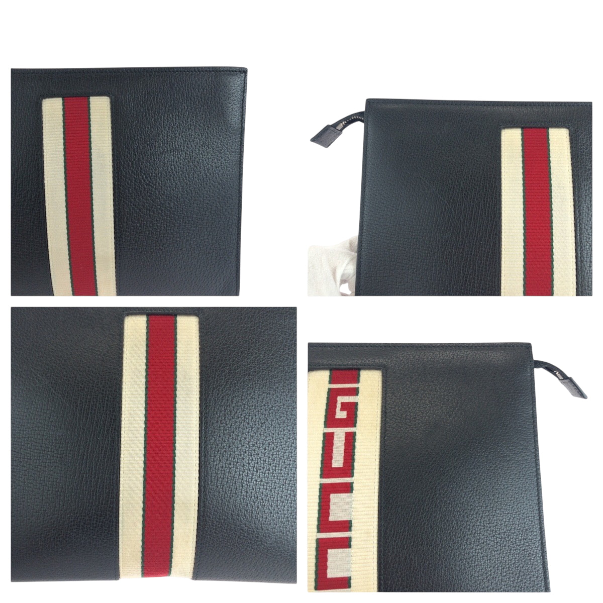 18370
GUCCI グッチ ウェブストライプ ブラック 黒 ホワイト シルバー金具 レザー 475316 クラッチバッグ セカンドバッグ  メンズ