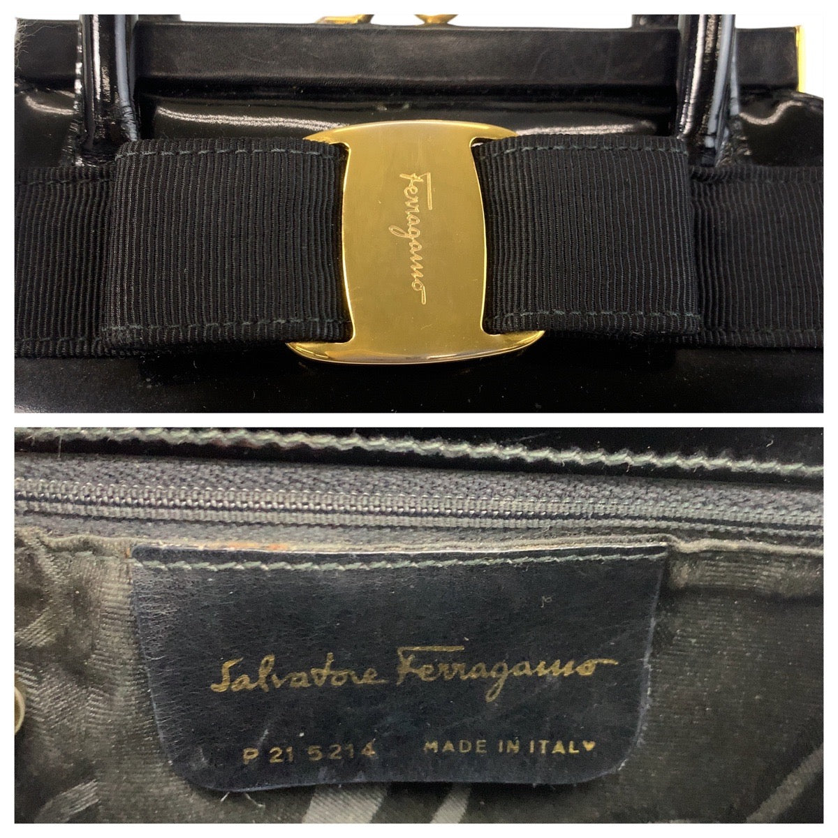 18395
Salvatore Ferragamo サルヴァトーレフェラガモ ヴィンテージ ヴァラリボン ブラック 黒 ゴールド金具 パテントレザー ハンドバッグ レディース ABP39