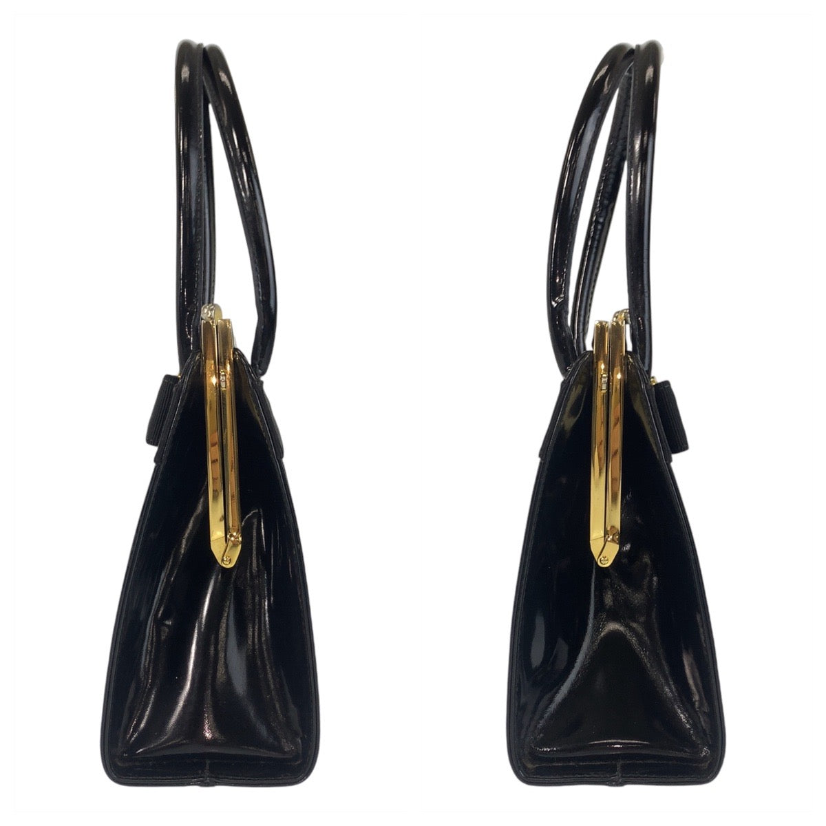 18395
Salvatore Ferragamo サルヴァトーレフェラガモ ヴィンテージ ヴァラリボン ブラック 黒 ゴールド金具 パテントレザー ハンドバッグ レディース ABP39