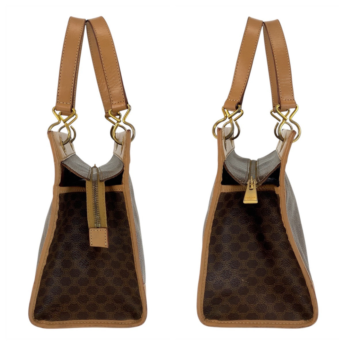 18397
CELINE セリーヌ ヴィンテージ マカダム ブラウン ゴールド金具 PVC / レザー ハンドバッグ トートバッグ レディース AB18