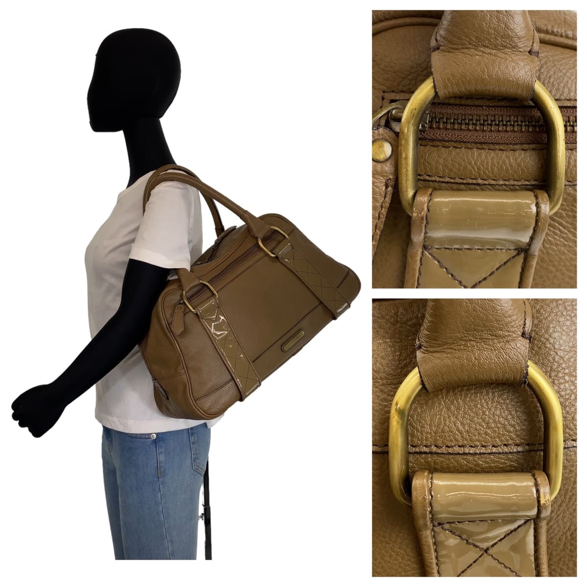 18398
BURBERRY バーバリー 中チェック柄 カーキ ブラウン ゴールド金具 レザー ハンドバッグ ショルダーバッグ レディース ABP32