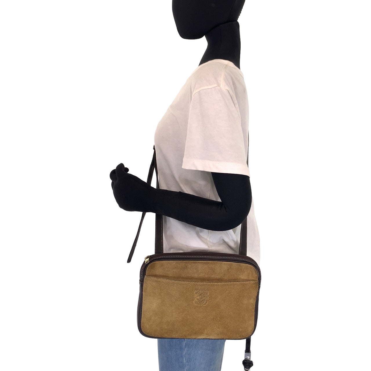 18399
LOEWE ロエベ ヴィンテージ アナグラム ブラウン スウェード / レザー 斜め掛け ショルダーバッグ ポシェット カメラバッグ レディース AB32