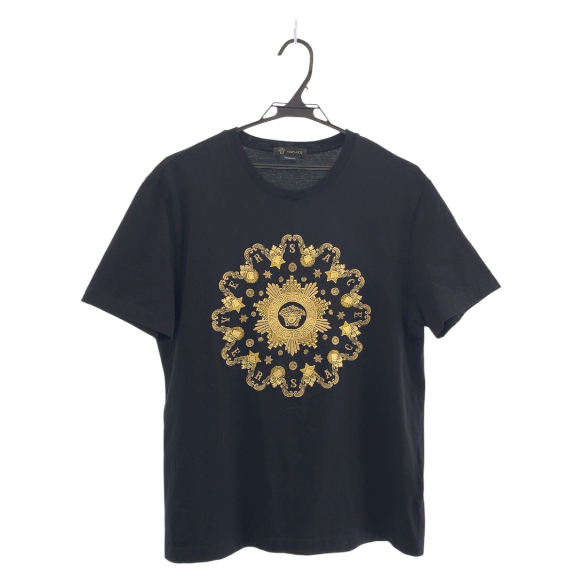 18405
Gianni Versace ジャンニ ヴェルサーチ メデューサ 刺繍 サイズL ブラック 黒 イエロー コットン 半袖Ｔシャツ クルーネック メンズ ABP13