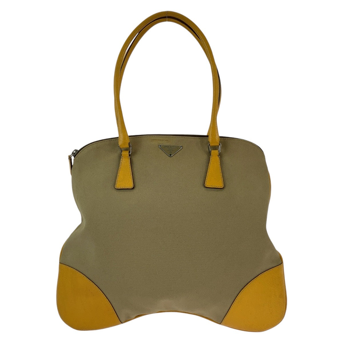 18406
PRADA プラダ 三角ロゴプレート ベージュ イエロー シルバー金具 キャンバス / レザー トートバッグ ハンドバッグ ショルダーバッグ  レディース ABP25
