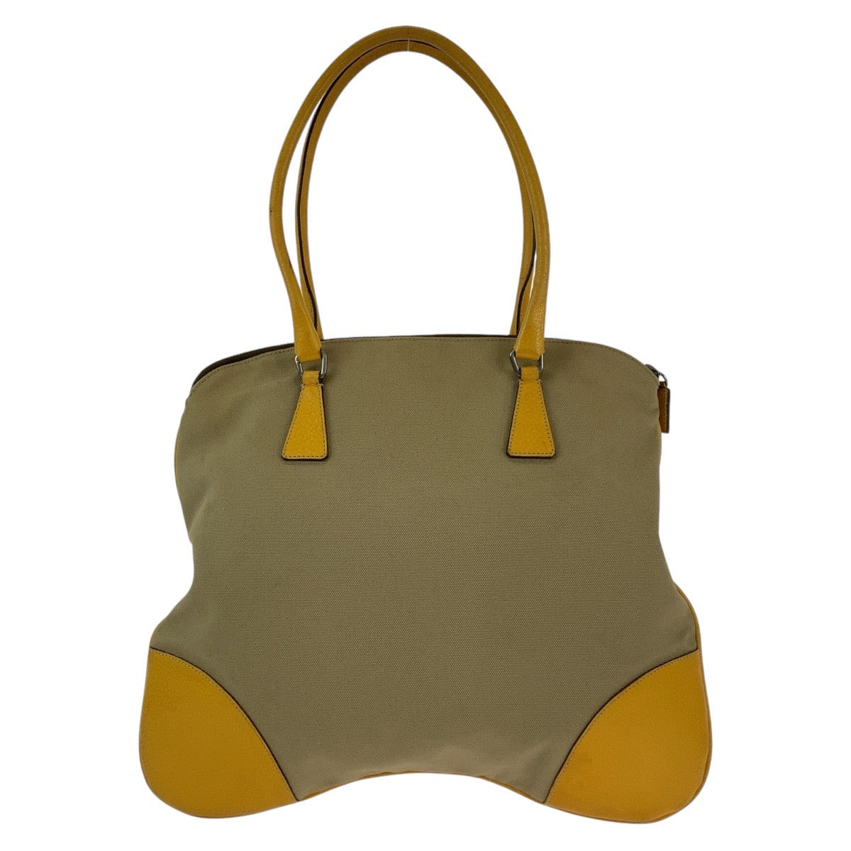 18406
PRADA プラダ 三角ロゴプレート ベージュ イエロー シルバー金具 キャンバス / レザー トートバッグ ハンドバッグ ショルダーバッグ  レディース ABP25