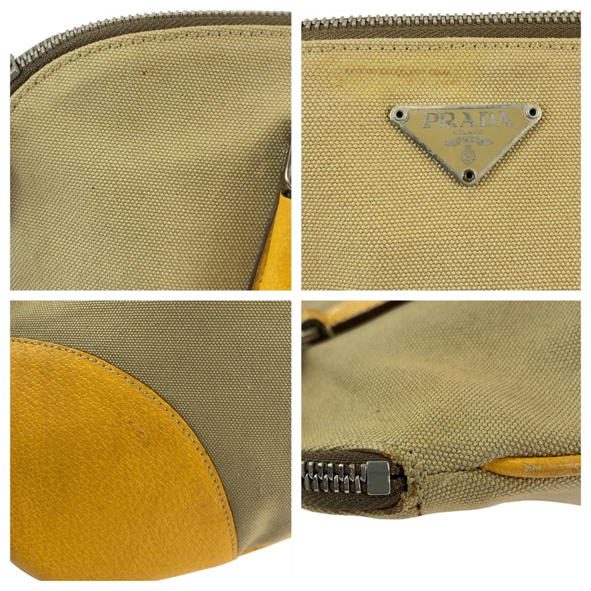 18406
PRADA プラダ 三角ロゴプレート ベージュ イエロー シルバー金具 キャンバス / レザー トートバッグ ハンドバッグ ショルダーバッグ  レディース ABP25