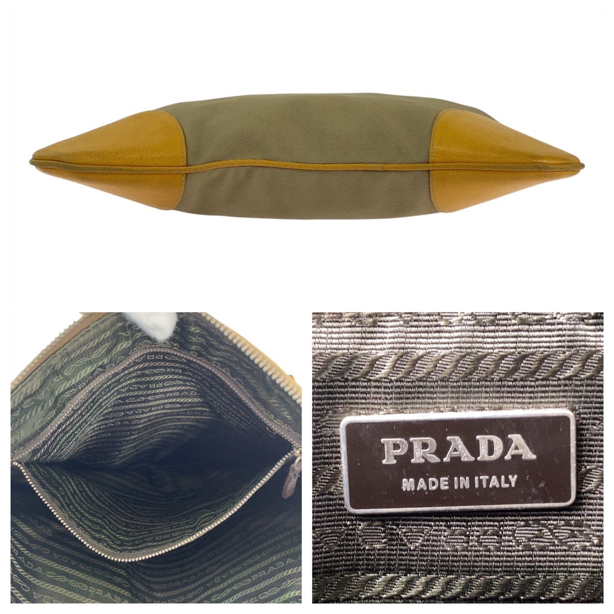 18406
PRADA プラダ 三角ロゴプレート ベージュ イエロー シルバー金具 キャンバス / レザー トートバッグ ハンドバッグ ショルダーバッグ  レディース ABP25