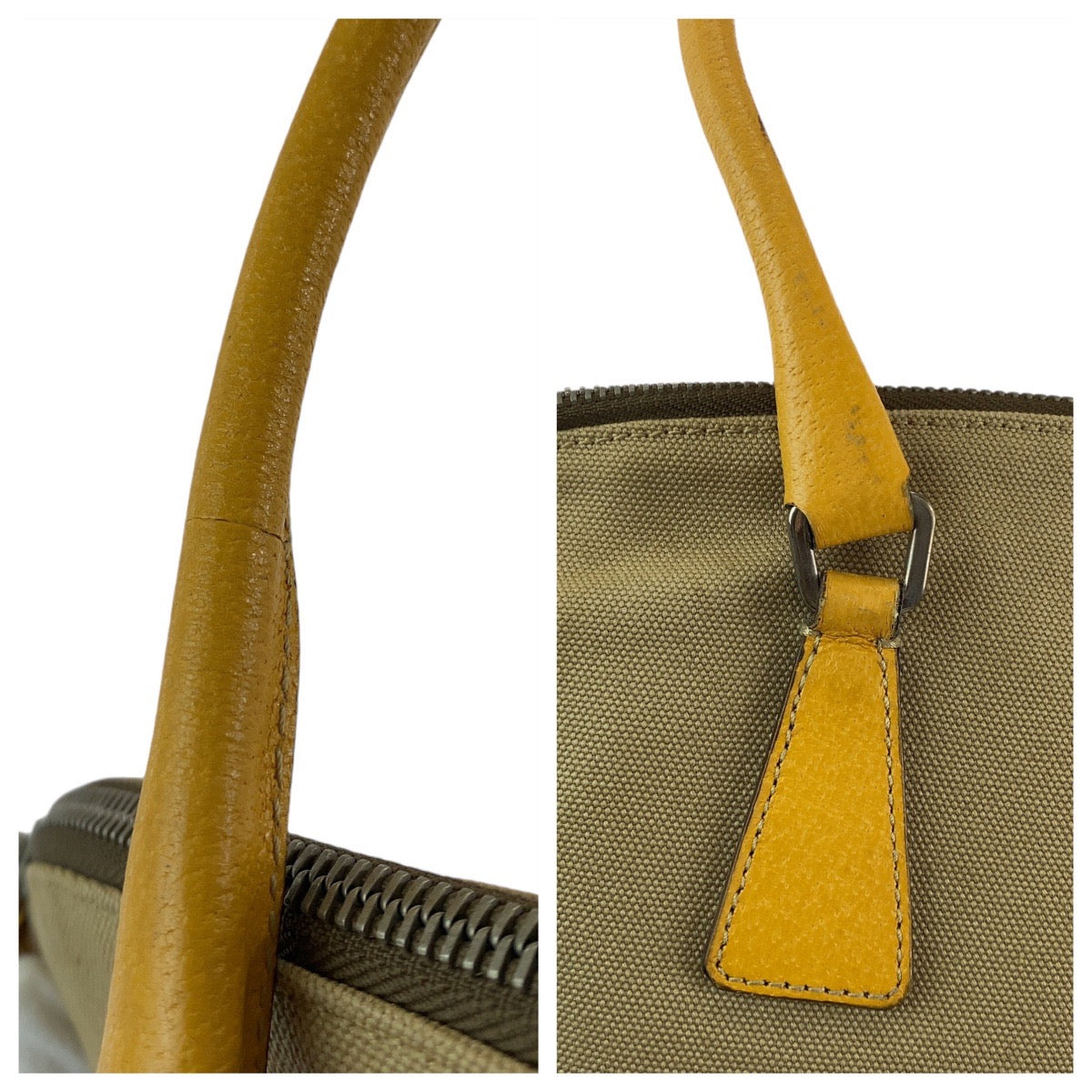 18406
PRADA プラダ 三角ロゴプレート ベージュ イエロー シルバー金具 キャンバス / レザー トートバッグ ハンドバッグ ショルダーバッグ  レディース ABP25