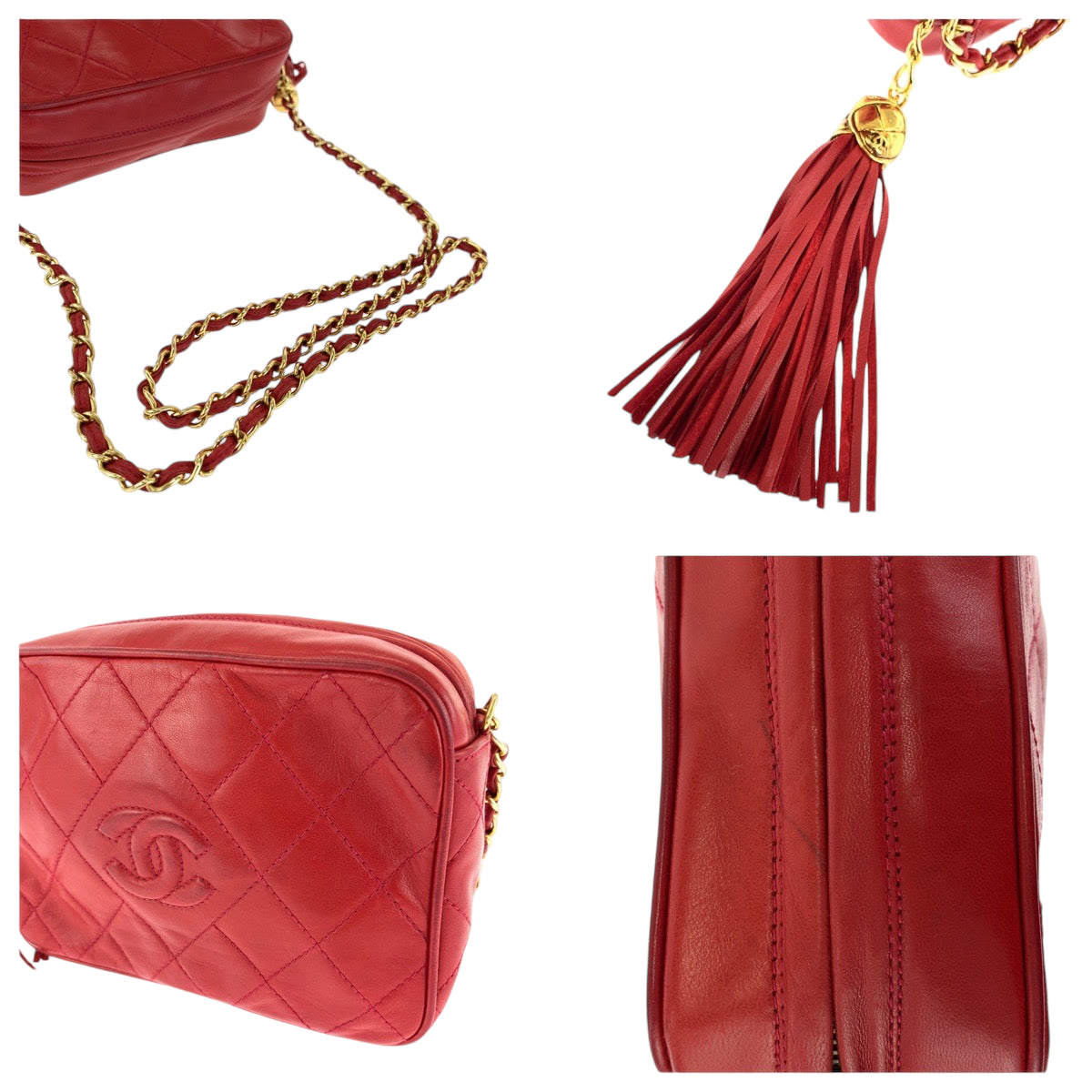 18417
CHANEL シャネル ヴィンテージ マトラッセ ココマーク フリンジ タッセル レッド ゴールド金具 ラムスキン ショルダーバッグ 肩掛け  レディース ABP190