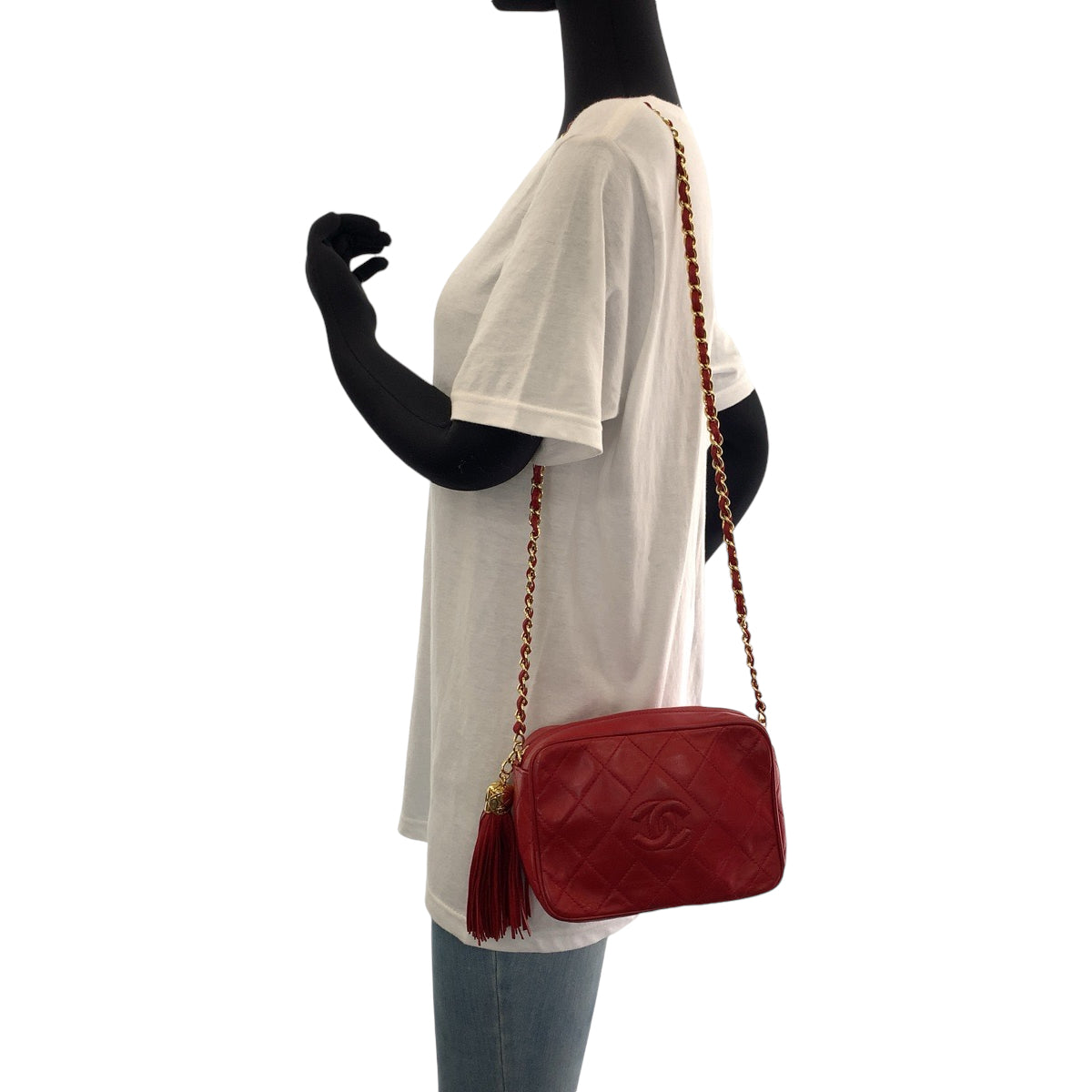 18417
CHANEL シャネル ヴィンテージ マトラッセ ココマーク フリンジ タッセル レッド ゴールド金具 ラムスキン ショルダーバッグ 肩掛け  レディース ABP190