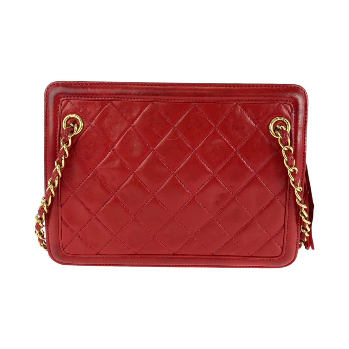 18419
CHANEL シャネル ヴィンテージ マトラッセ ココマーク フリンジ レッド ゴールド金具 ラムスキン チェーンショルダーバッグ 肩掛け レディース AB108