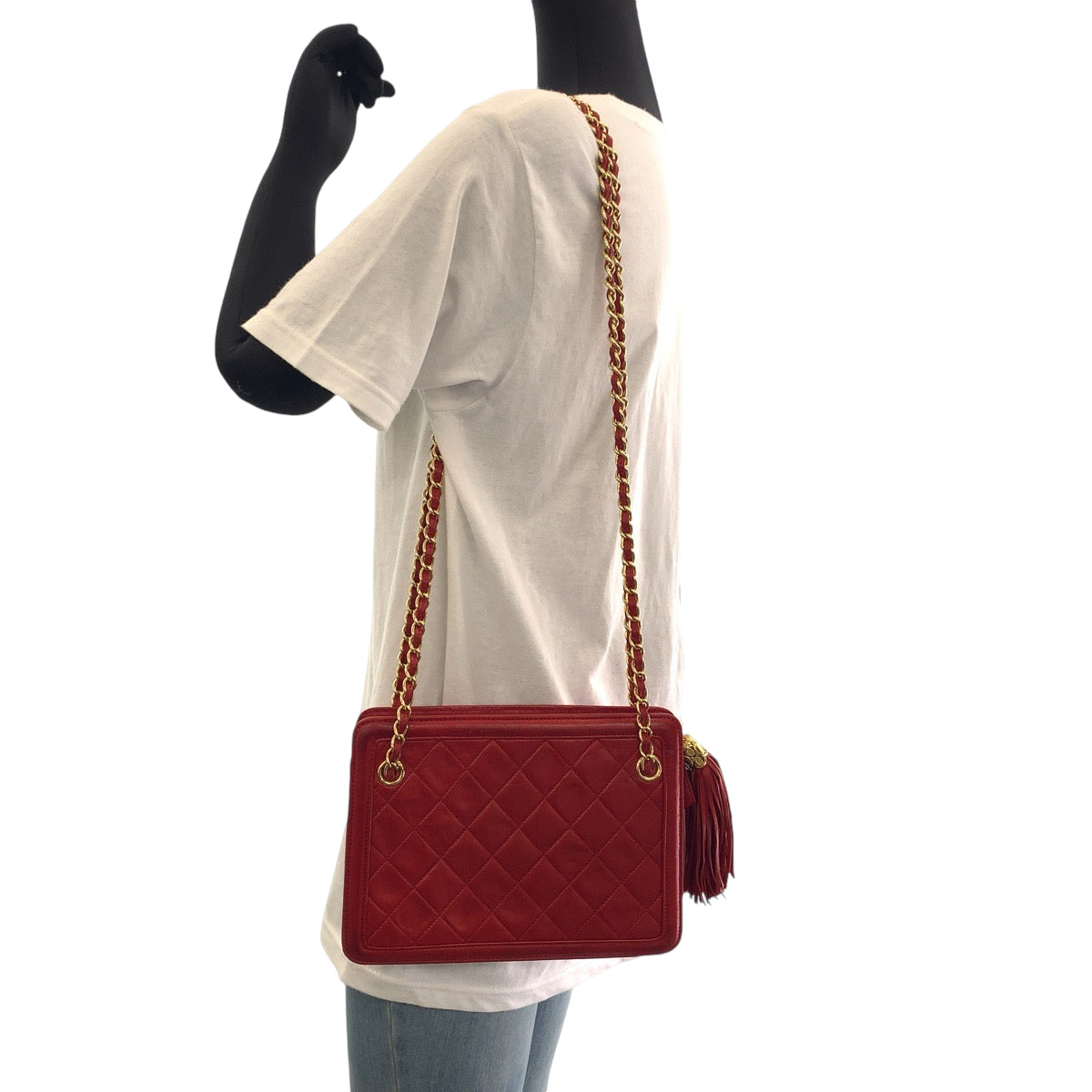 18419
CHANEL シャネル ヴィンテージ マトラッセ ココマーク フリンジ レッド ゴールド金具 ラムスキン チェーンショルダーバッグ 肩掛け レディース AB108