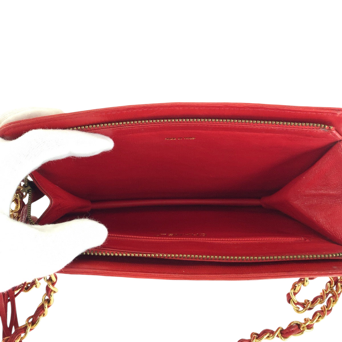 18419
CHANEL シャネル ヴィンテージ マトラッセ ココマーク フリンジ レッド ゴールド金具 ラムスキン チェーンショルダーバッグ 肩掛け レディース AB108
